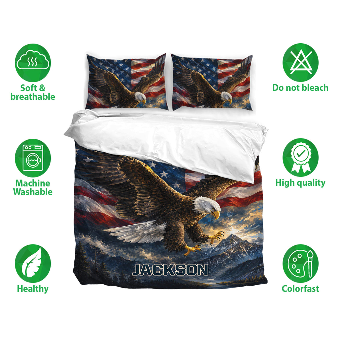 Eagle duvet cover bedding set displayed with matching pillowcases and soft, breathable bedding features