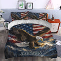 Patriotic eagle duvet cover styling a bedroom with American flag colors and dramatic mountain artwork
