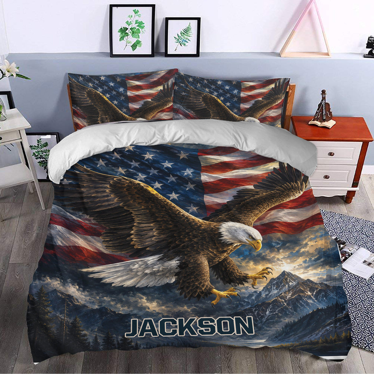 Patriotic eagle duvet cover styling a bedroom with American flag colors and dramatic mountain artwork