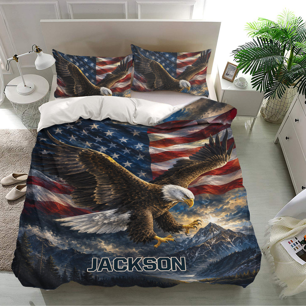 Eagle duvet cover bedding set in a bright bedroom with matching pillowcases and bold patriotic artwork
