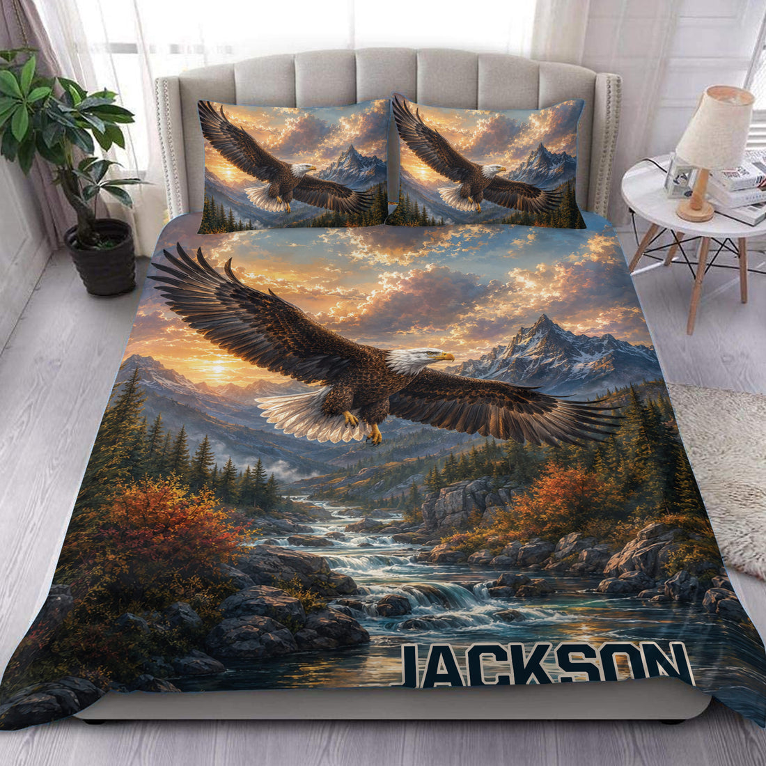 Eagle duvet cover set displayed on a bed with mountain scenery, autumn forest, river, and matching pillowcases
