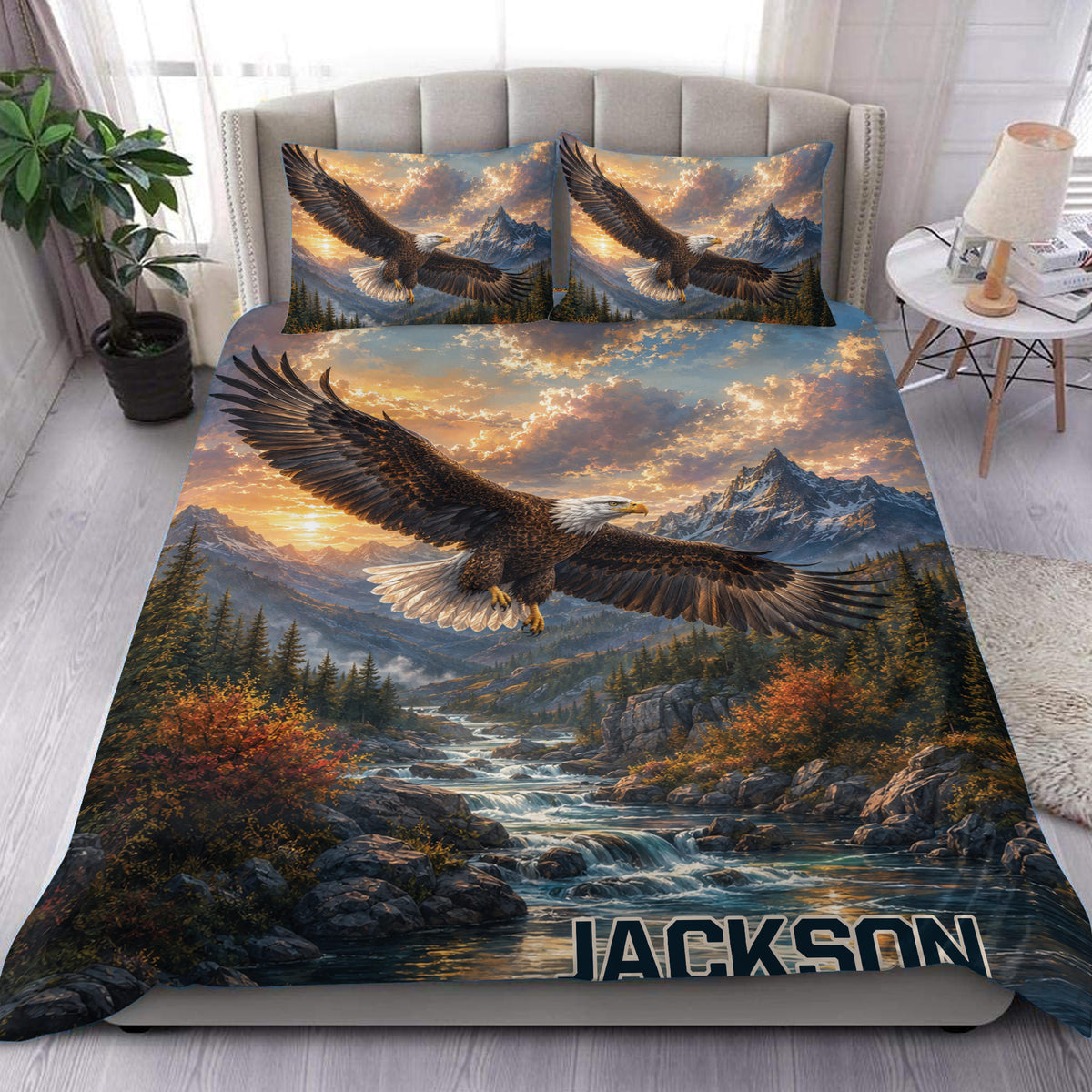 Eagle duvet cover set displayed on a bed with mountain scenery, autumn forest, river, and matching pillowcases
