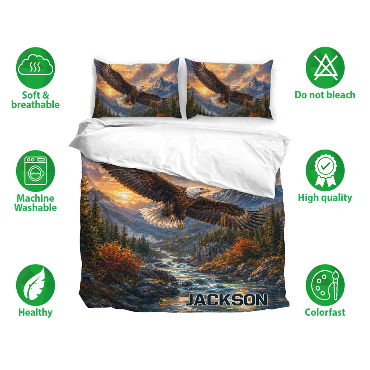 Eagle bedding set with mountain landscape artwork, matching pillowcases, and soft breathable fabric feature icons