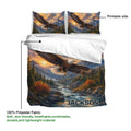 Eagle duvet cover set showing a mountain river scene, matching pillowcases, and lightweight polyester fabric details