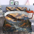 Eagle duvet cover bedding displayed in a bedroom with mountain scenery, autumn trees, and dramatic sunset colors