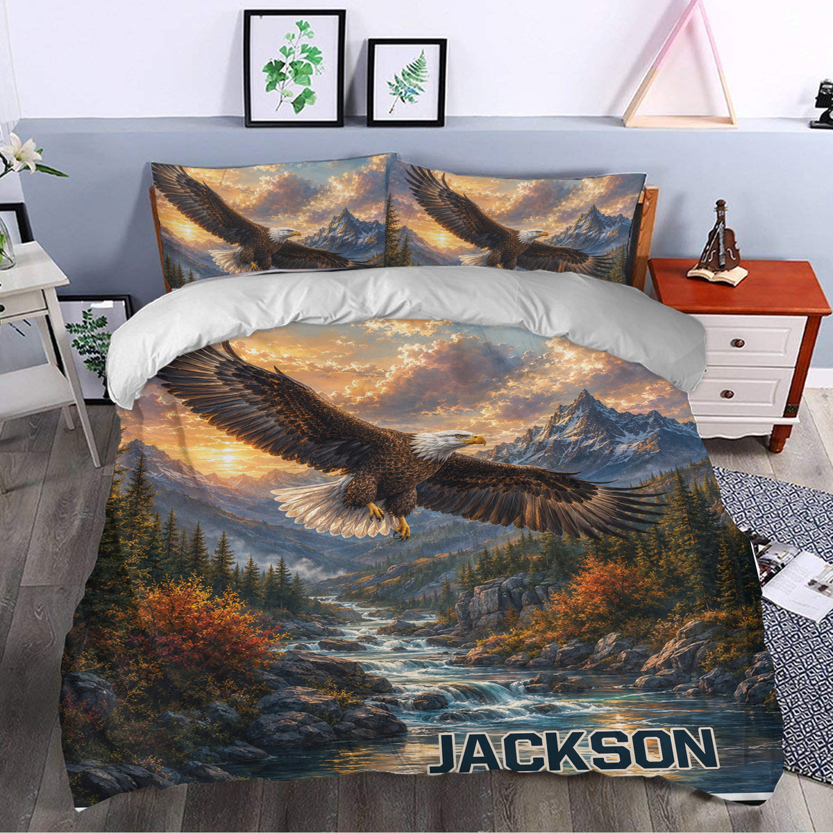 Eagle duvet cover bedding displayed in a bedroom with mountain scenery, autumn trees, and dramatic sunset colors