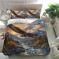 Eagle duvet cover set styled in a bright bedroom with matching pillowcases, mountain artwork, and flowing river scenery