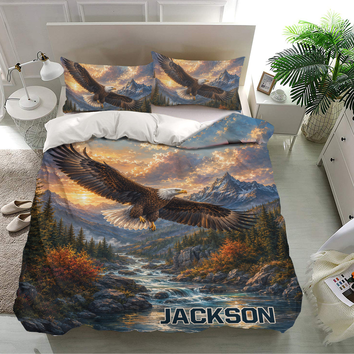 Eagle duvet cover set styled in a bright bedroom with matching pillowcases, mountain artwork, and flowing river scenery