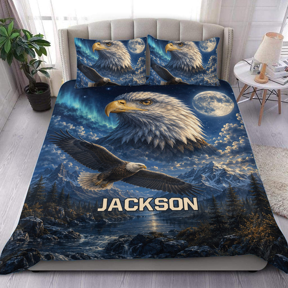 Eagle duvet cover bedding set displayed on a bed with mountain, moon, and night sky artwork