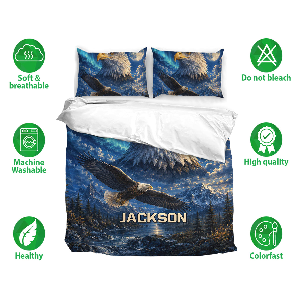 Eagle duvet cover bedding set with matching pillowcases and visible breathable fabric feature icons