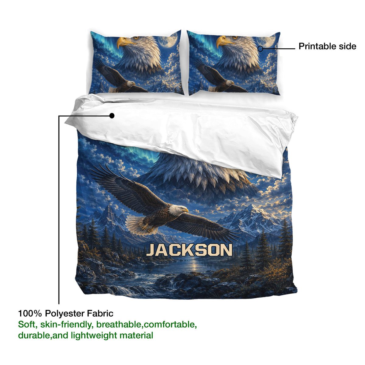 Eagle duvet cover with mountain landscape artwork, matching pillowcases, and printable front side