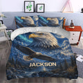 Eagle duvet cover bedding set styled in a bedroom with dramatic blue mountain artwork