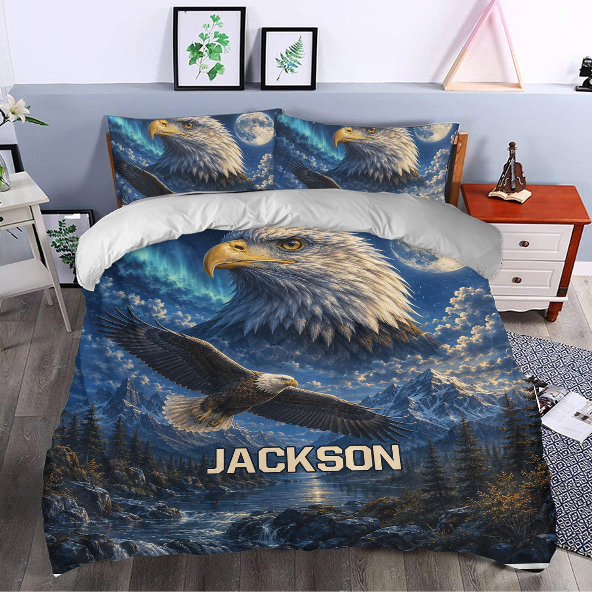 Eagle duvet cover bedding set styled in a bedroom with dramatic blue mountain artwork
