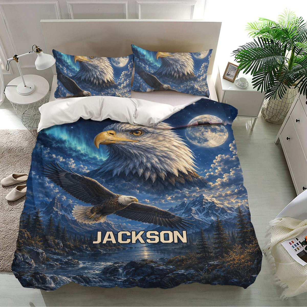 Eagle duvet cover and matching pillowcases presented in a bright modern bedroom setting