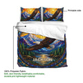 Eagle duvet cover set product guide showing the printed side and stained glass mountain artwork