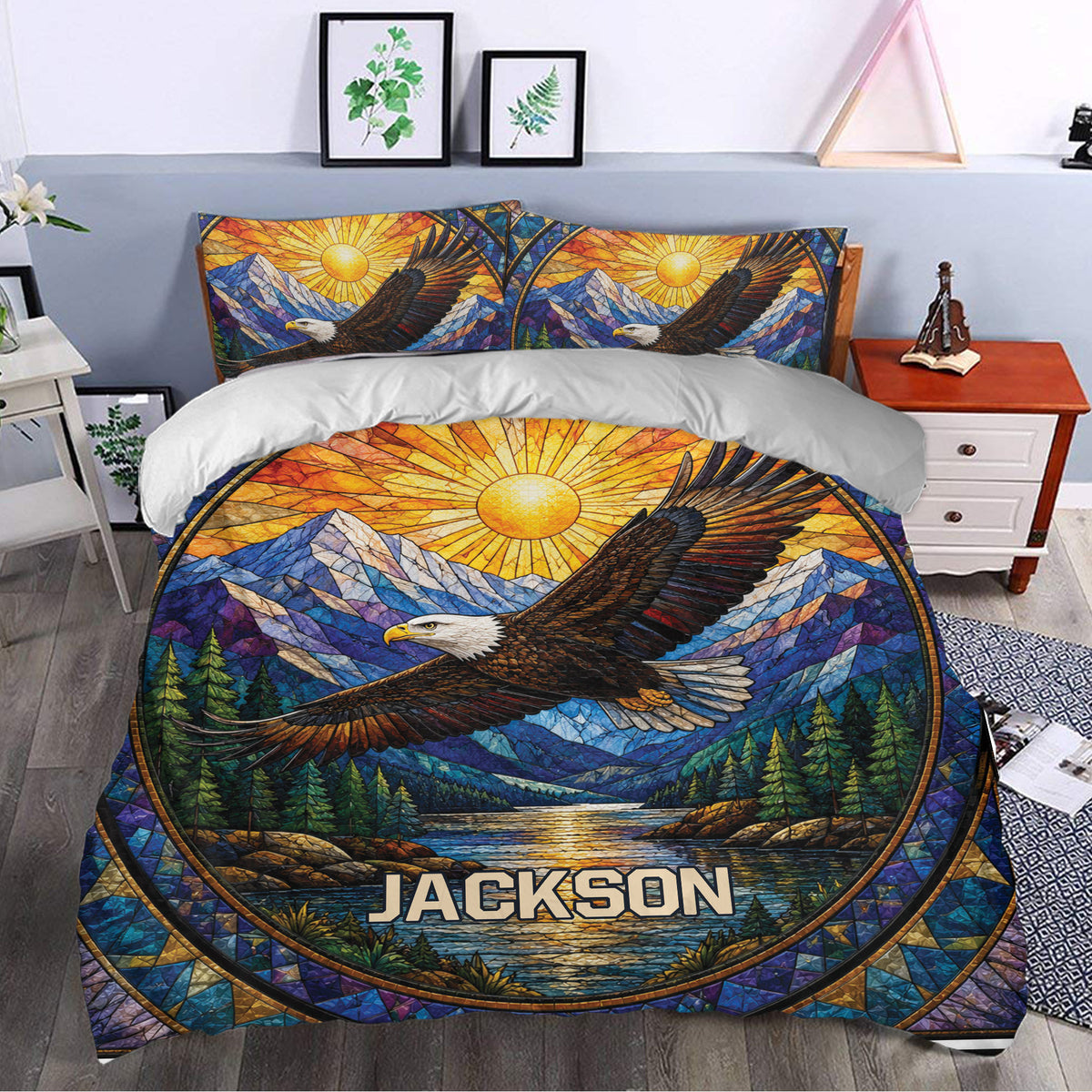 Eagle duvet cover set styled in a bedroom with a soaring eagle, sunlit mountains, forest, and river