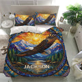 Eagle bedding set displayed in a bright bedroom with colorful mountain landscape and matching pillowcases