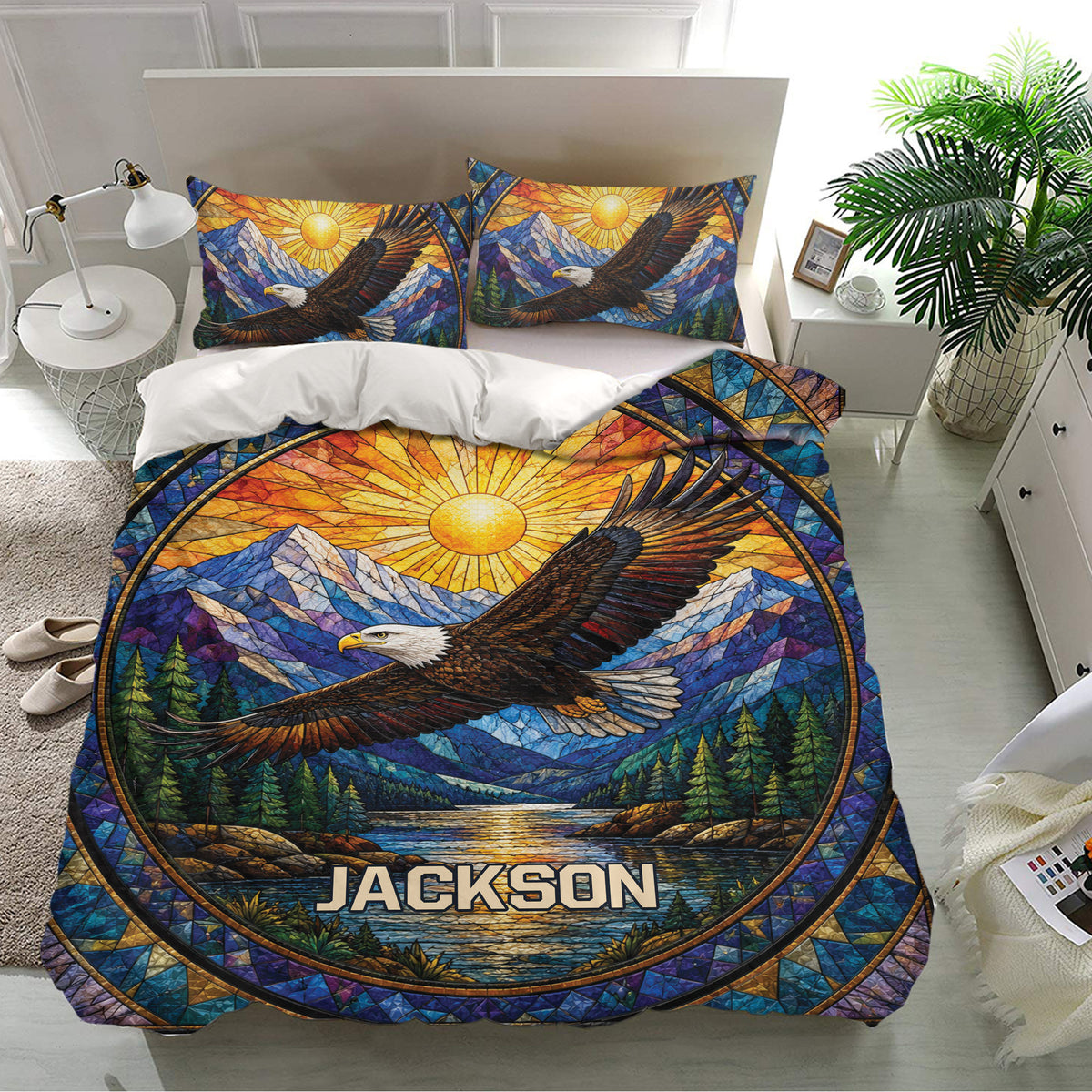 Eagle bedding set displayed in a bright bedroom with colorful mountain landscape and matching pillowcases
