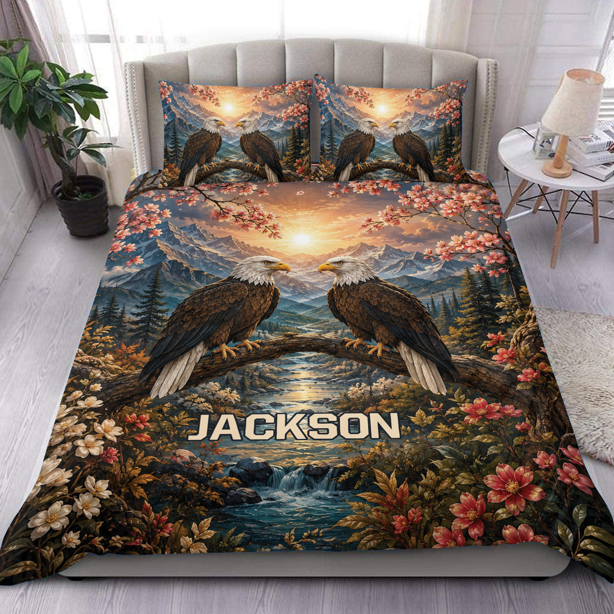 Eagle duvet cover set featuring paired eagles, mountain scenery, blossoms, and a flowing woodland stream