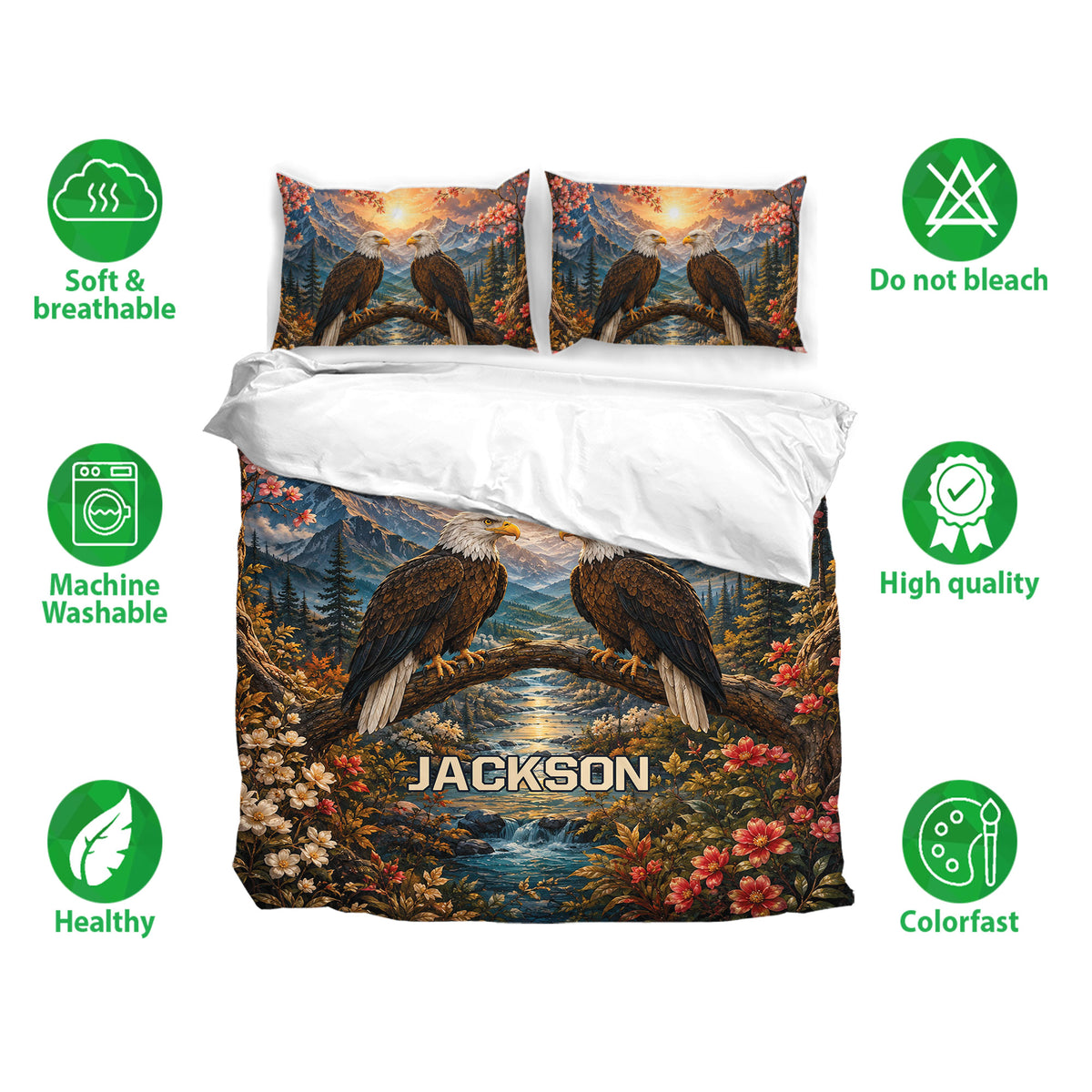 Eagle bedding set displayed with matching pillowcases and feature icons for soft, breathable, washable bedding