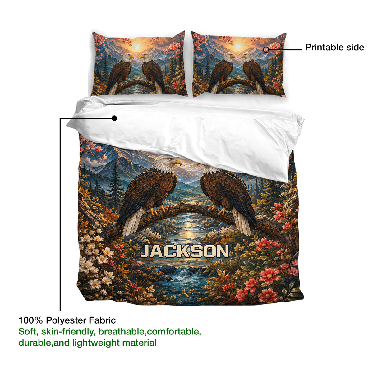 Eagle duvet cover and matching pillowcases shown with a scenic mountain, blossom, and river artwork