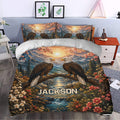 Eagle duvet cover set styled in a bedroom with mountain scenery, flowering branches, and rich nature artwork