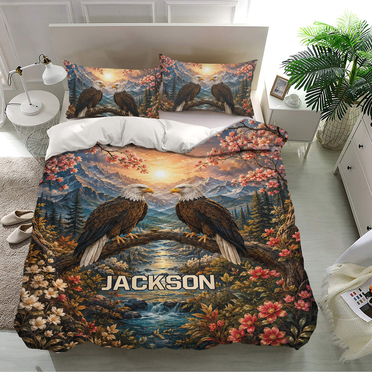 Eagle bedding set in a bright bedroom featuring paired eagles, mountain peaks, blossoms, and a sunset river scene