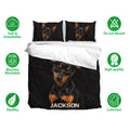Miniature Pinscher bedding set shown with matching pillowcases and soft breathable fabric icons