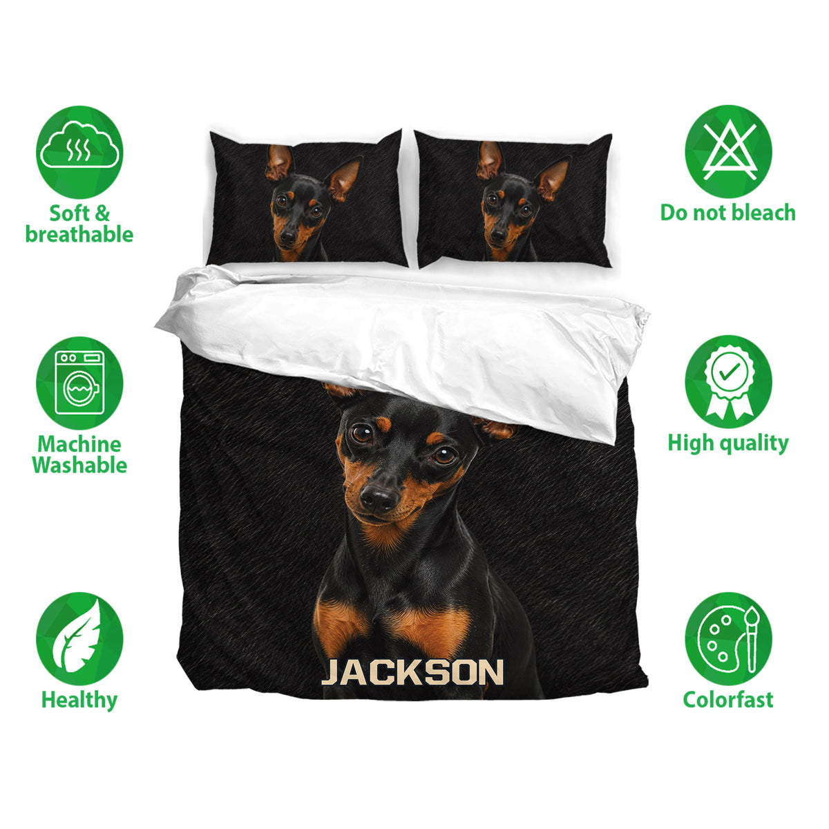Miniature Pinscher bedding set shown with matching pillowcases and soft breathable fabric icons
