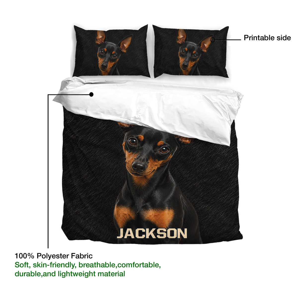 Miniature Pinscher duvet cover set product view with printable side and fabric detail callouts