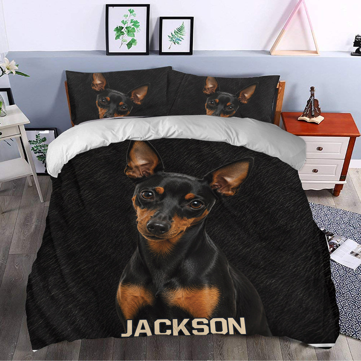Miniature Pinscher duvet cover bedding set presented in a stylish bedroom with botanical decor