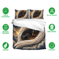 Miniature Pinscher bedding set with angel-wing artwork shown with soft breathable and washable feature icons