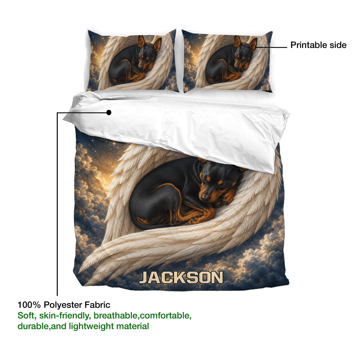Miniature Pinscher duvet cover set showing printed artwork, soft polyester fabric, and matching pillowcases