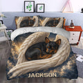 Miniature Pinscher duvet cover styled in a bedroom with celestial angel-wing artwork and dark starry accents