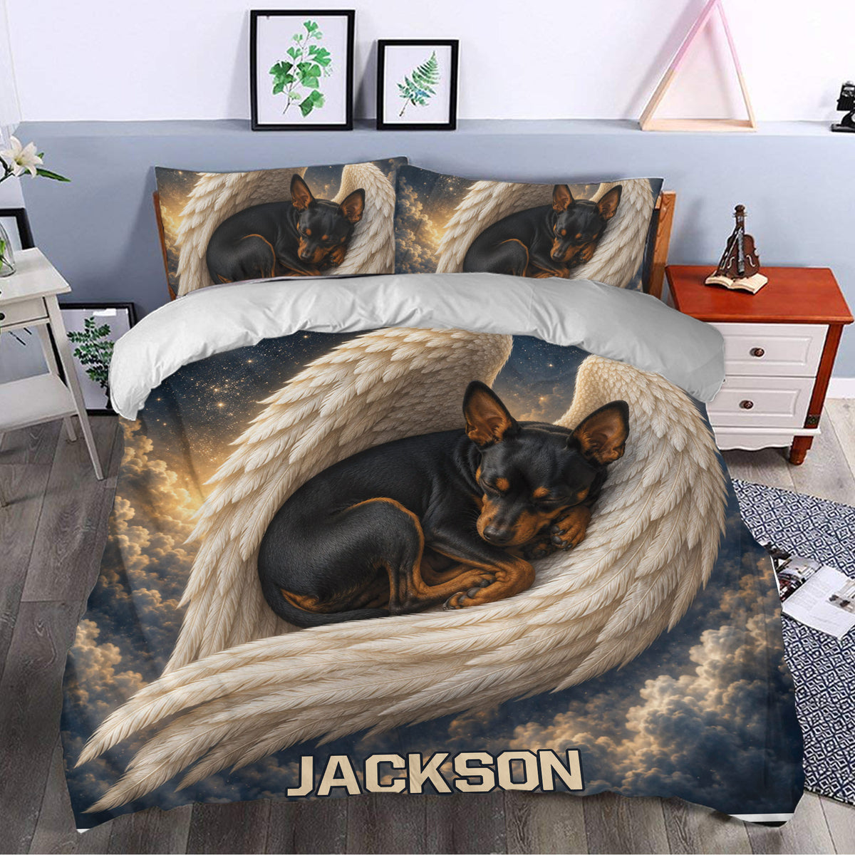 Miniature Pinscher duvet cover styled in a bedroom with celestial angel-wing artwork and dark starry accents