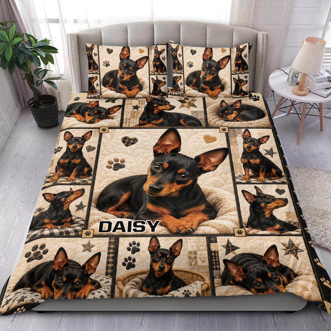 Miniature Pinscher duvet cover set displayed on a bed with paw prints, hearts, stars, and matching pillowcases