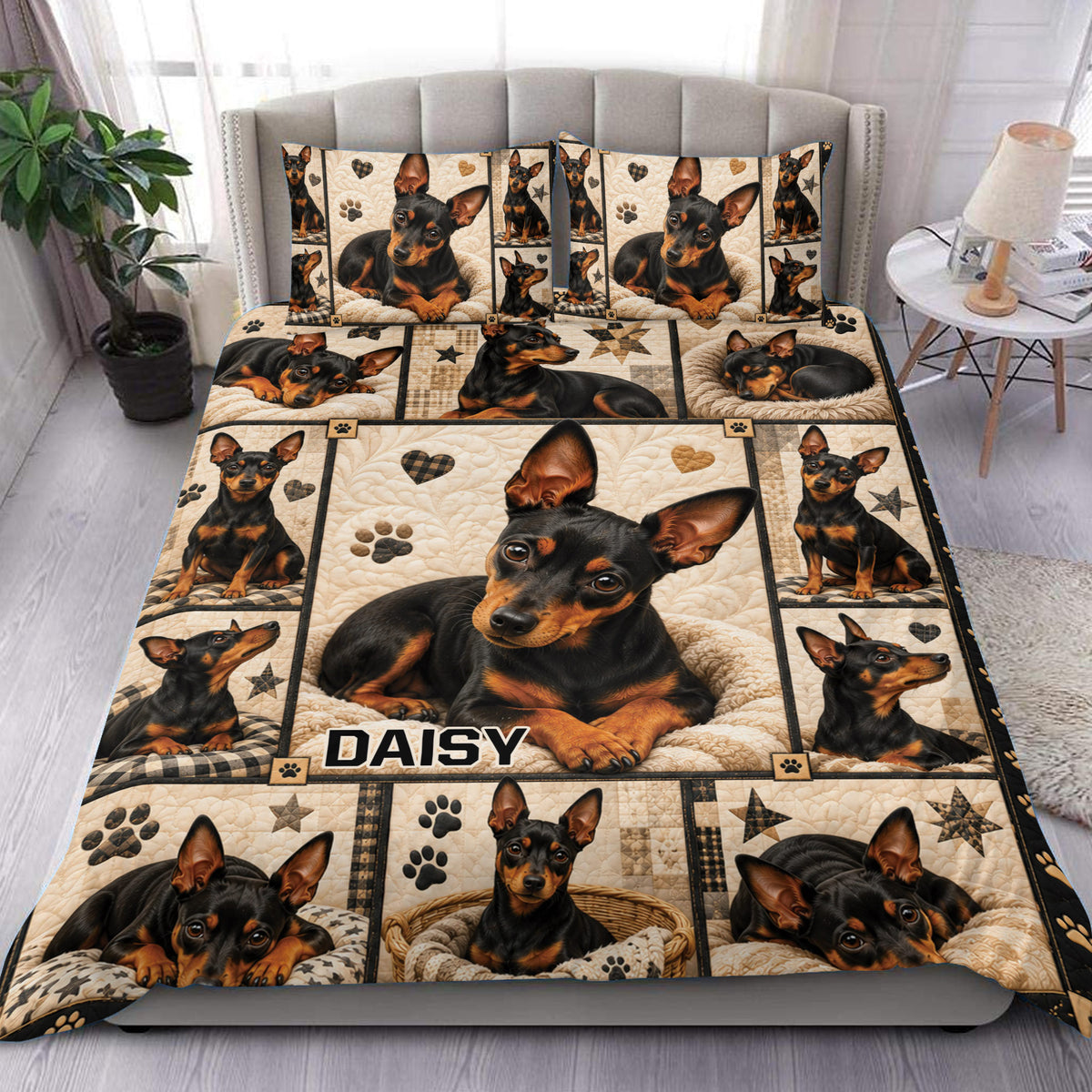 Miniature Pinscher duvet cover set displayed on a bed with paw prints, hearts, stars, and matching pillowcases