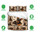 Miniature Pinscher bedding set shown with matching pillowcases and soft breathable fabric care icons