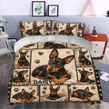 Miniature Pinscher duvet cover styled in a bedroom with repeated dog portraits, paw prints, hearts, and stars