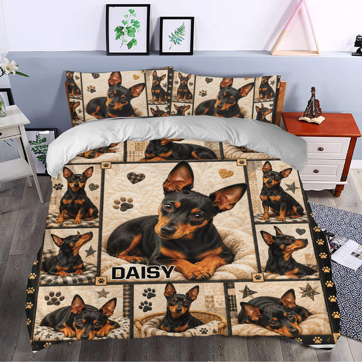 Miniature Pinscher duvet cover styled in a bedroom with repeated dog portraits, paw prints, hearts, and stars