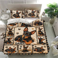 Miniature Pinscher bedding set presented in a bright bedroom with matching pillowcases and detailed dog artwork