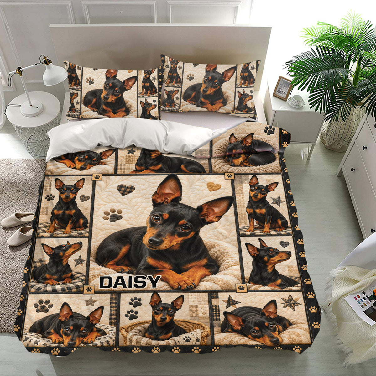 Miniature Pinscher bedding set presented in a bright bedroom with matching pillowcases and detailed dog artwork