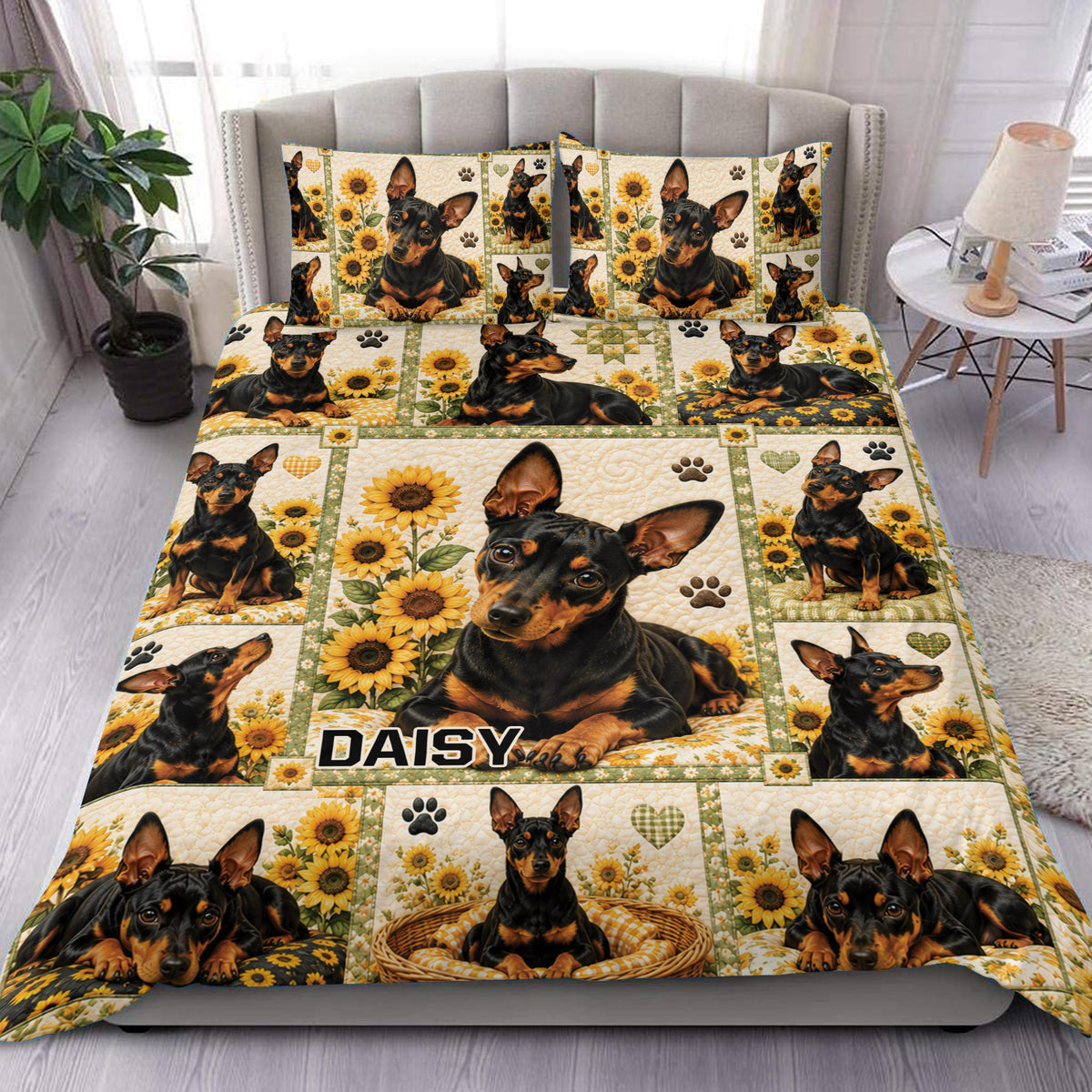 Miniature Pinscher duvet cover set displayed on a bed with sunflower panels, paw prints, and custom artwork