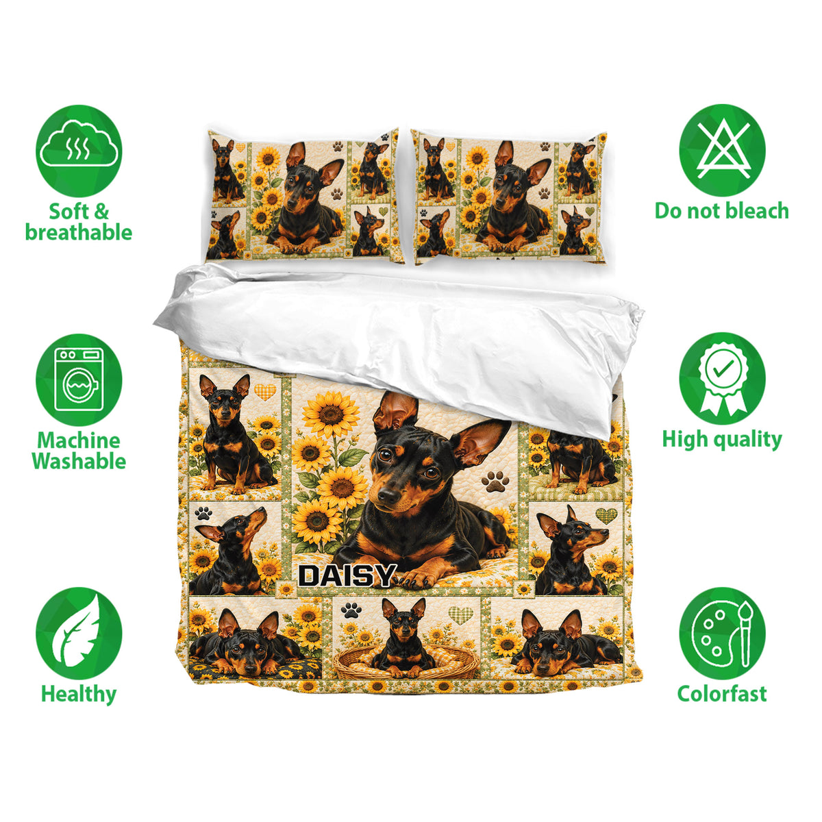 Miniature Pinscher bedding set shown with matching pillowcases, sunflower artwork, and soft breathable design
