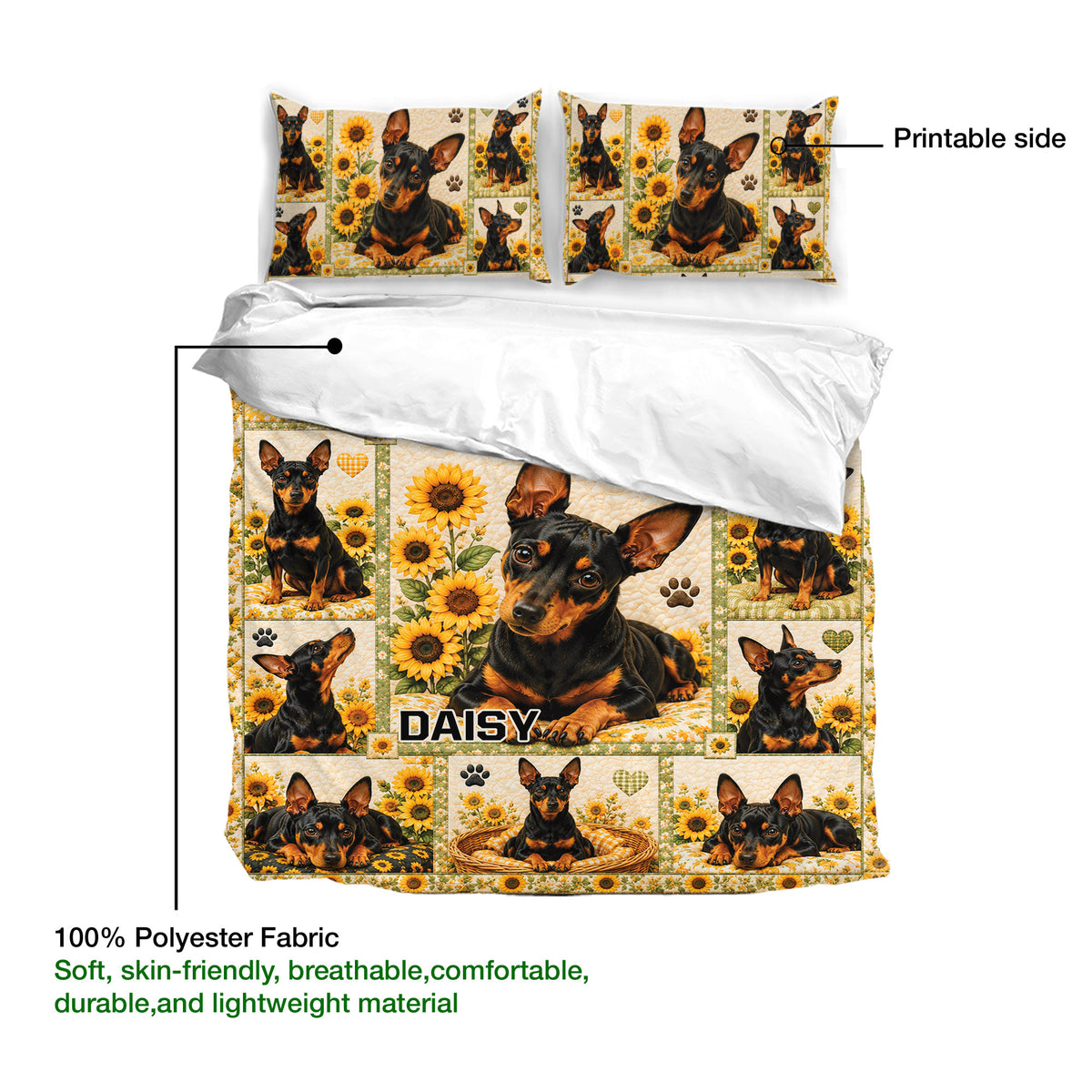 Miniature Pinscher duvet cover bedding set detail showing printable artwork and lightweight polyester fabric