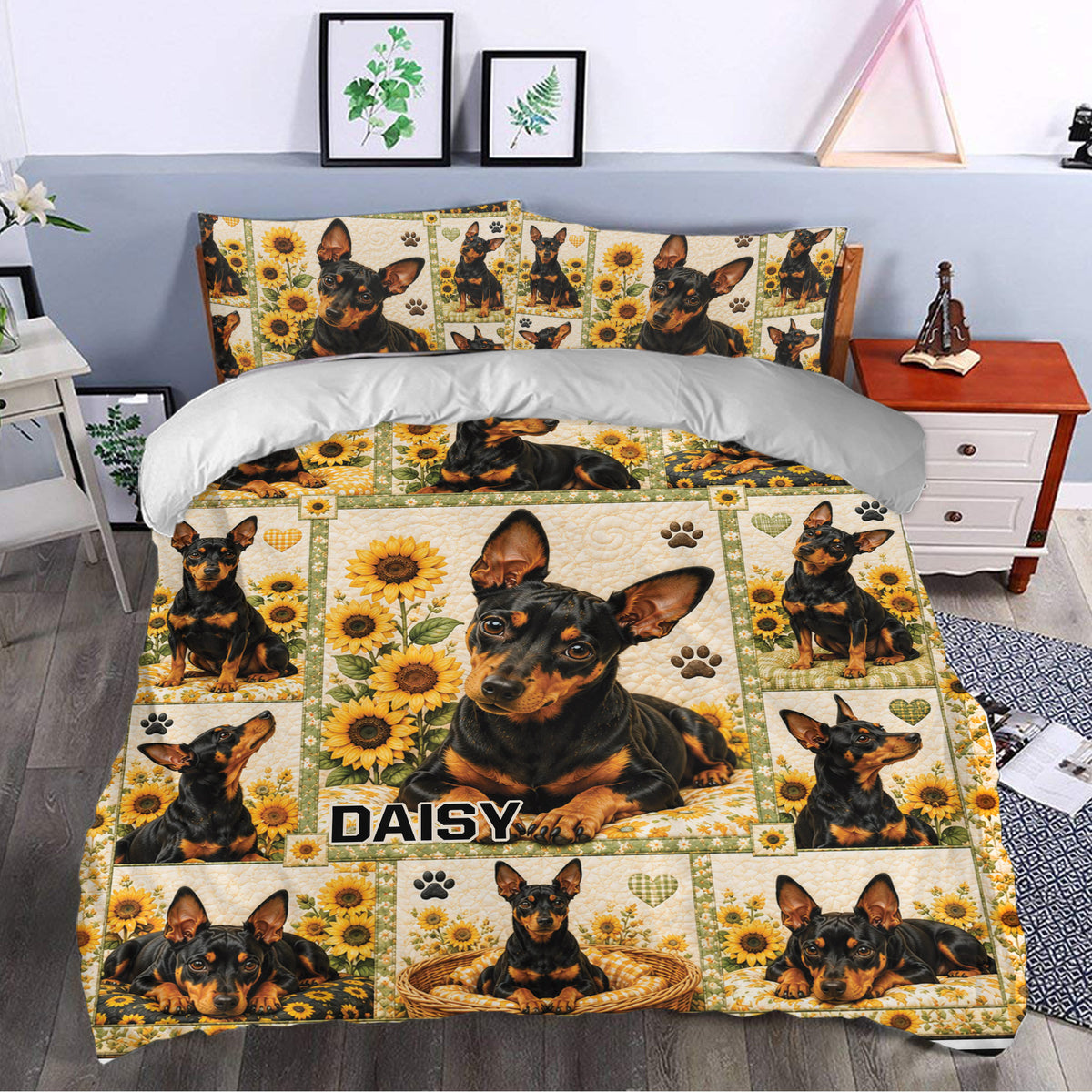 Miniature Pinscher duvet cover styled in a bedroom with sunflower portraits, paw prints, and warm decor
