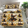 Miniature Pinscher bedding set presented in a bright bedroom with matching pillows and sunflower artwork