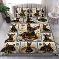 Miniature Pinscher duvet cover set displayed on a bed with daisy panels, blue borders, hearts, and paw prints
