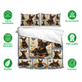 Miniature Pinscher bedding set with matching pillowcases shown in a full bedroom presentation
