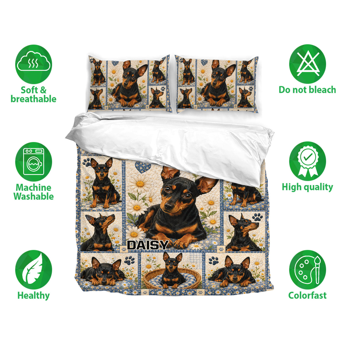 Miniature Pinscher bedding set with matching pillowcases shown in a full bedroom presentation